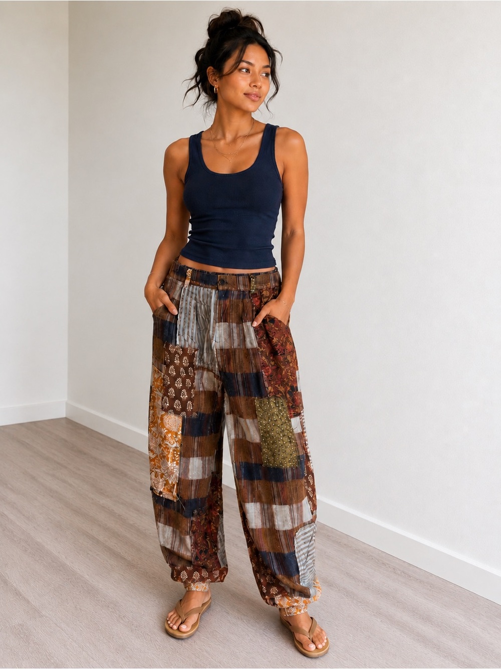 303. Women's Boho 100% COTTON Patchwork Wide-Leg Pants - Brown Multi